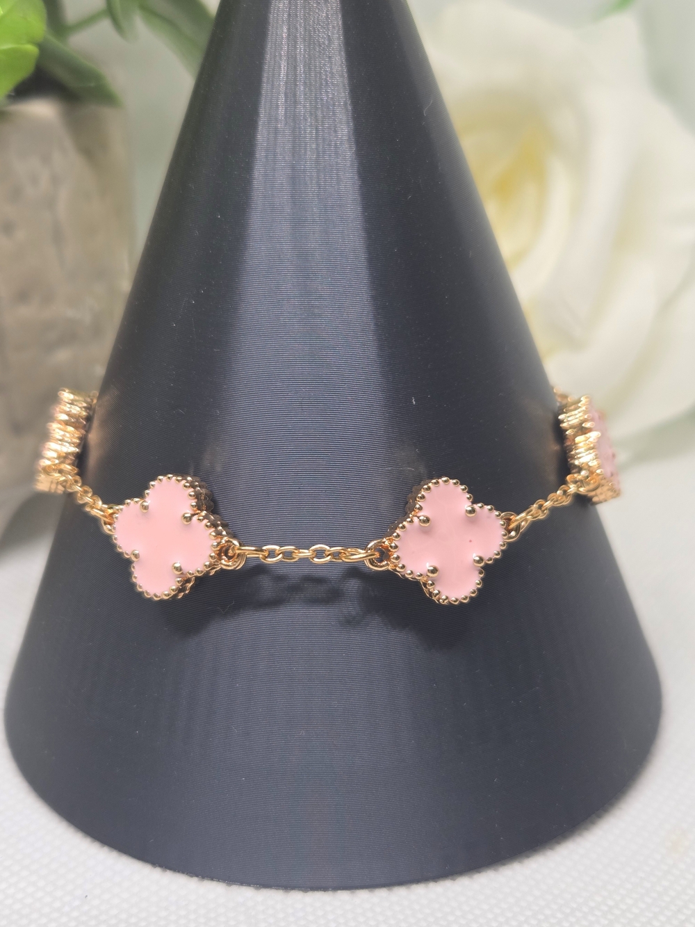 Pink Enamel Clover Link Gold Bracelet - Stainless Steel